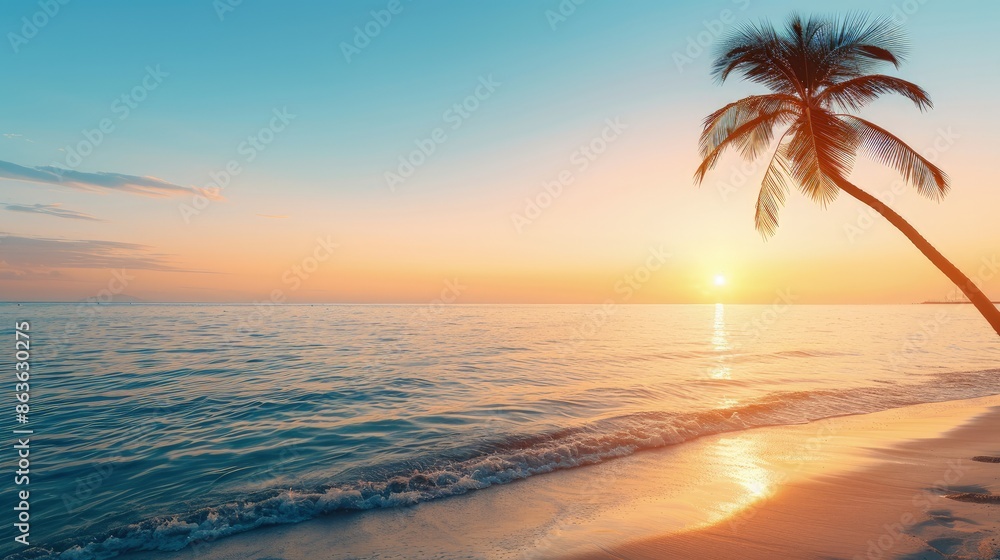 Serene Beach Scene at Sunset with Palm Tree Serene Beach Scene at Sunset with Palm Tree