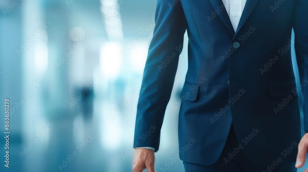 Formal Suit Individual Walking Down Blue Corridor Formal Suit Individual Walking Down Blue Corridor