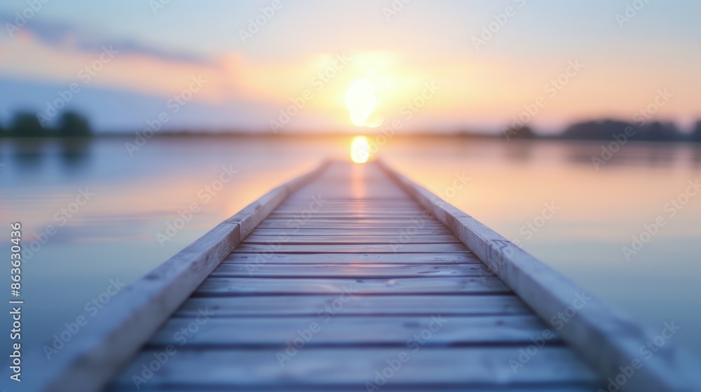Fototapeta premium Serene Wooden Walkway Over Sunset Lake