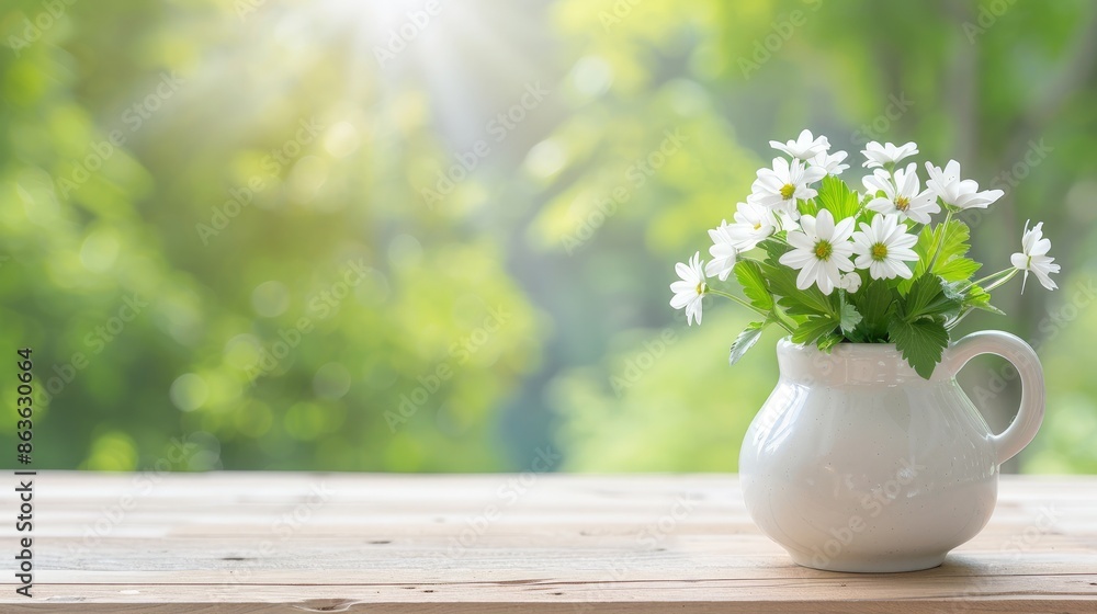White Pitcher with Three Small Flowers on Rustic Wooden Surface in Garden Setting White Pitcher with Three Small Flowers on Rustic Wooden Surface in Garden Setting