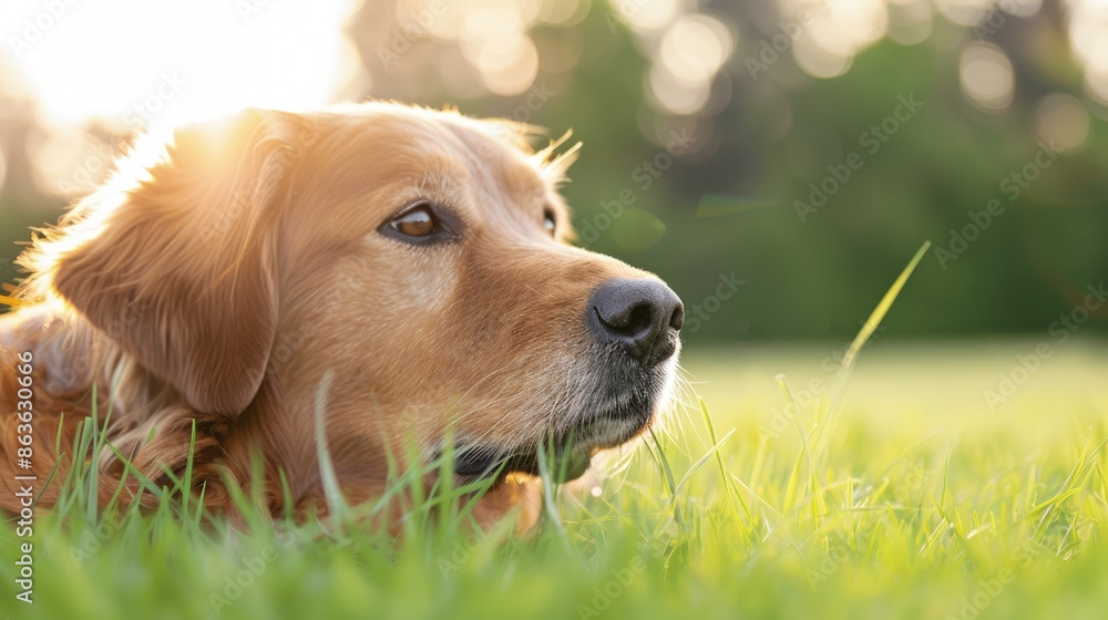 Golden Retriever Gazing Into Distance in Green Field Golden Retriever Gazing Into Distance in Green Field
