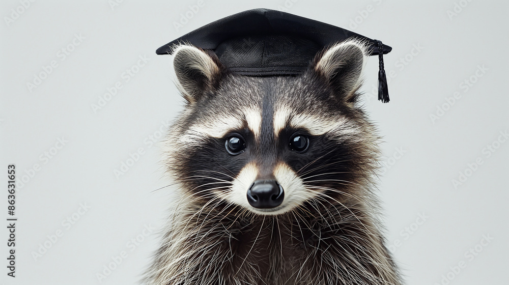 Fototapeta premium Portrait of raccoon wearing a graduation cap.