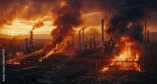 Large Fire Erupts at Industrial Complex During Sunset