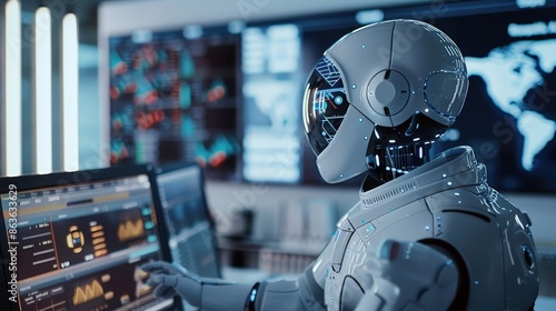 A humanoid robot interacting with data on multiple screens in a modern, high-tech control room, showcasing advanced technology and artificial intelligence.