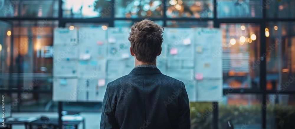 A young professional stands in front of a glass wall covered with charts and diagrams, analyzing business strategy in a modern office setting. A young professional stands in front of a glass wall covered with charts and diagrams, analyzing business strategy in a modern office setting.