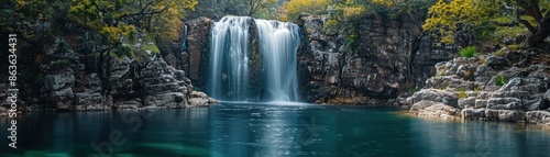 A tranquil waterfall flowing into a clear pool, encircled by vibrant green foliage and rugged rocks, creating a peaceful natural scene.