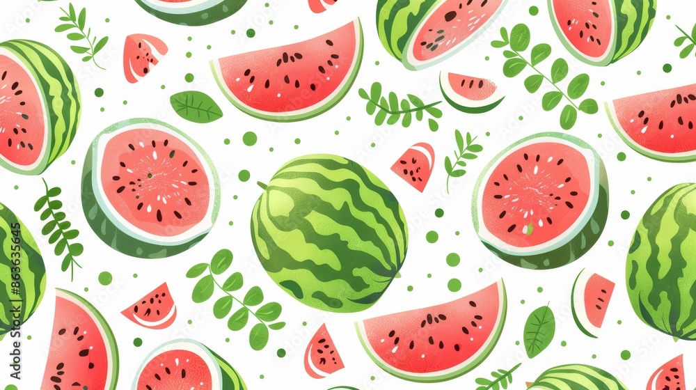 Watermelon pattern with slices and leaves on a white background. Perfect for summer, food, and refreshment. Watermelon pattern with slices and leaves on a white background. Perfect for summer, food, and refreshment.