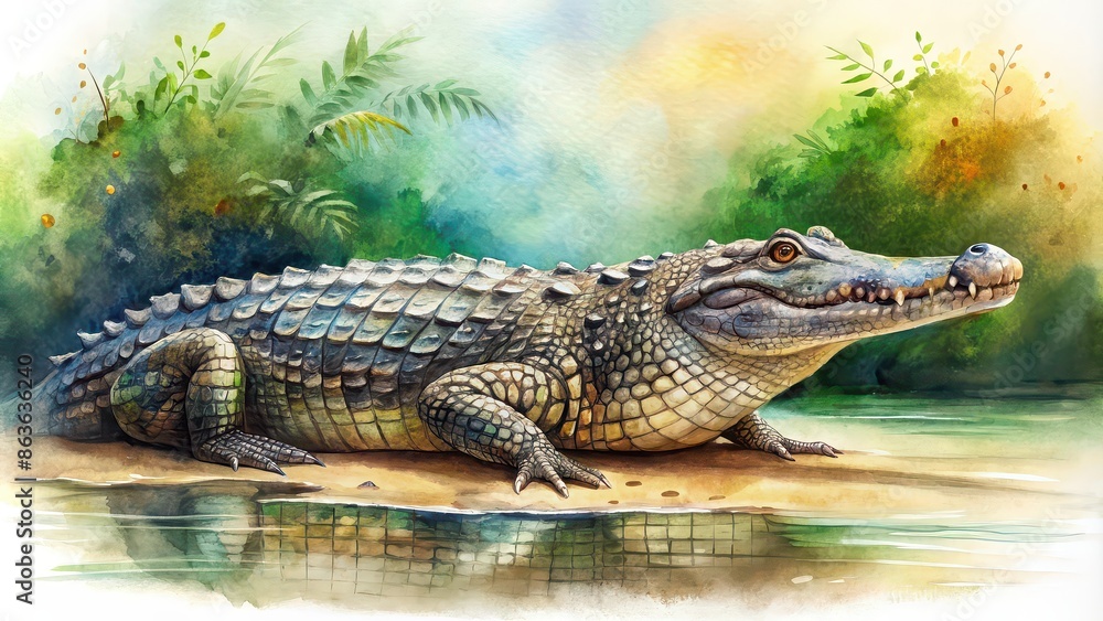 Obraz premium Watercolor of a majestic crocodile in a natural habitat , wildlife, animal, predator, reptile, watercolor,art, nature
