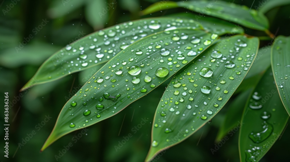 Raindrops form on the surface of a bamboo leaf, each droplet perfectly spherical and clear. The vibrant greens of the leaf are magnified by the droplets, highlighting the intricate Raindrops form on the surface of a bamboo leaf, each droplet perfectly spherical and clear. The vibrant greens of the leaf are magnified by the droplets, highlighting the intricate