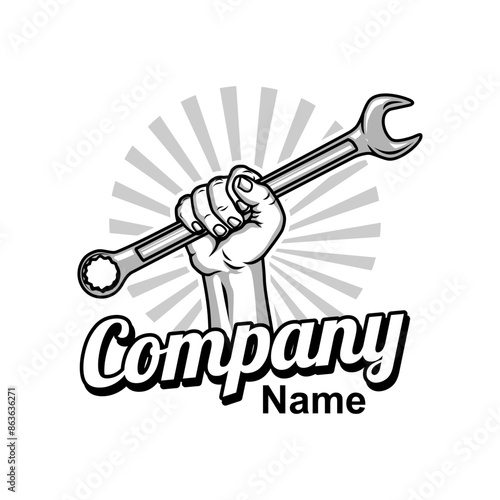 hand holding wrench logo vector illustration, Design element for logo, poster, card, banner, emblem, t shirt. Vector illustration