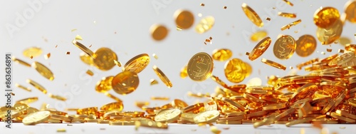  A pile of gold coins ascends in the air, with a single bitcoin in the midst photo