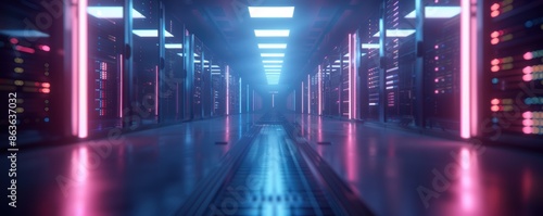 A futuristic server room with neon lights and glowing racks  illustrating advanced technology and data storage infrastructure.