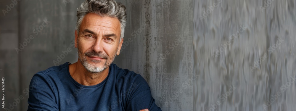 A man in gray hair and a blue T-shirt leans against a wall, gazing at the camera A man in gray hair and a blue T-shirt leans against a wall, gazing at the camera