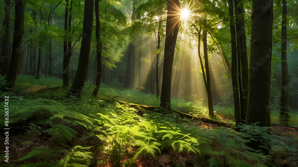 Beautiful view of the forest in early morning with sunlight,Clear rays of light shining through the forest. Beautiful view of the forest in early morning with sunlight,Clear rays of light shining through the forest.