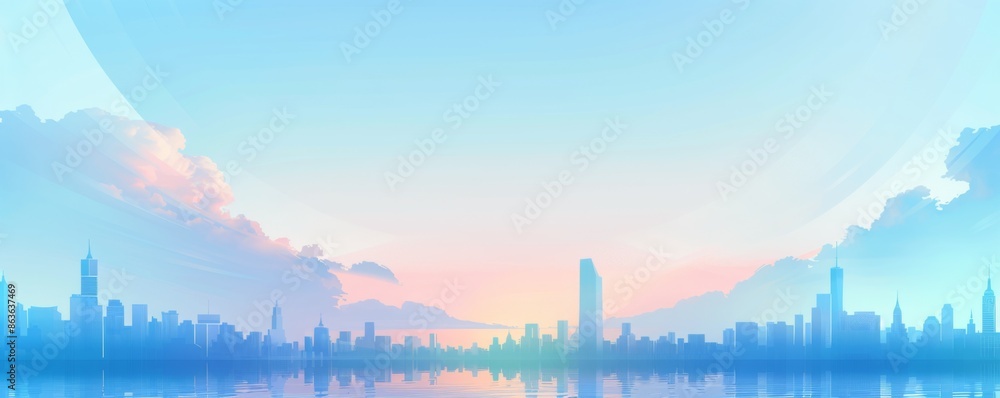 Fototapeta premium 雲と水の上の都市のスカイライン イラスト 背景