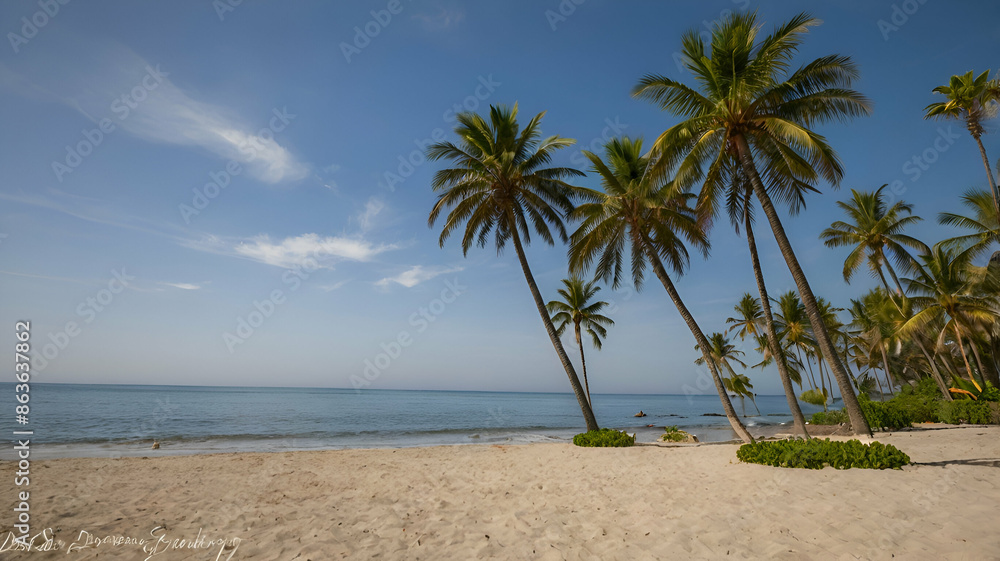 Tropical landscape with beach with coconut trees and beautiful clouds at sunset. Tropical landscape with beach with coconut trees and beautiful clouds at sunset.