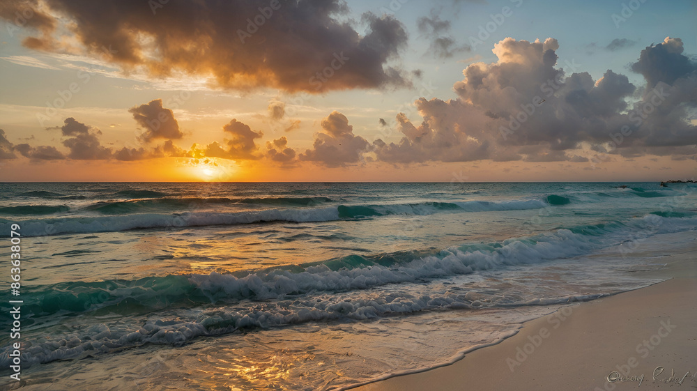 Sunset in Cancun beach. Mexico, zone hotelera , sunset on empty beach. Sunset in Cancun beach. Mexico, zone hotelera , sunset on empty beach.
