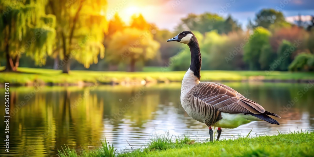 Majestic goose standing on the grass near a pond, wildlife, bird, nature, waterfowl, feathered, beak, wings, outdoors, peaceful Majestic goose standing on the grass near a pond, wildlife, bird, nature, waterfowl, feathered, beak, wings, outdoors, peaceful