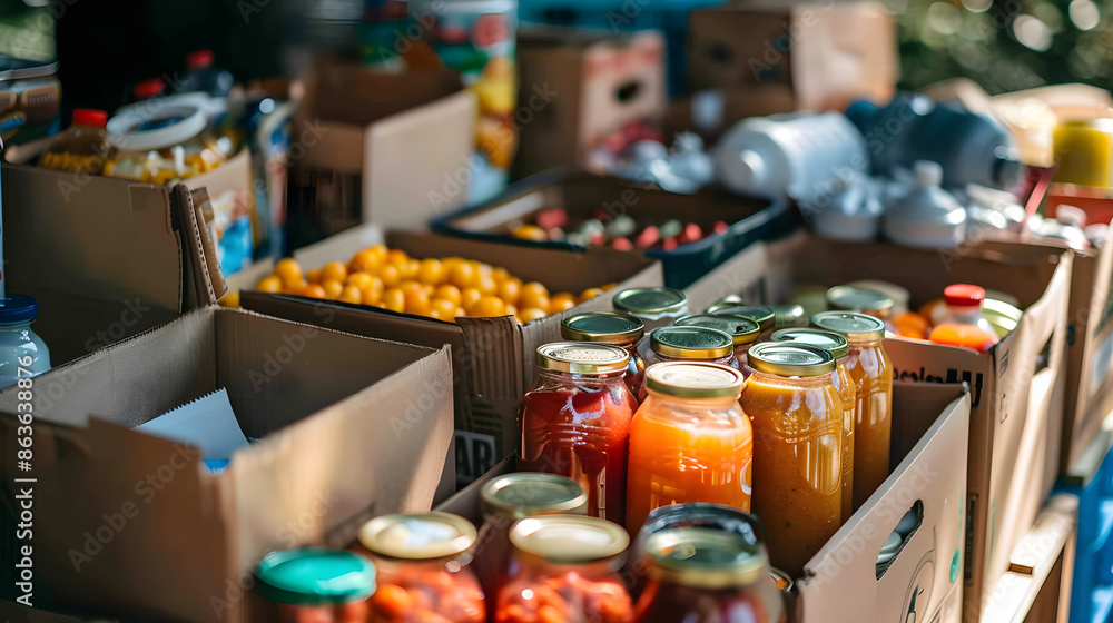 A colorful display of donated food items at a successful community food drive event.