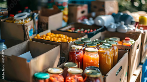 Obraz na płótnie A colorful display of donated food items at a successful community food drive event. w salonie