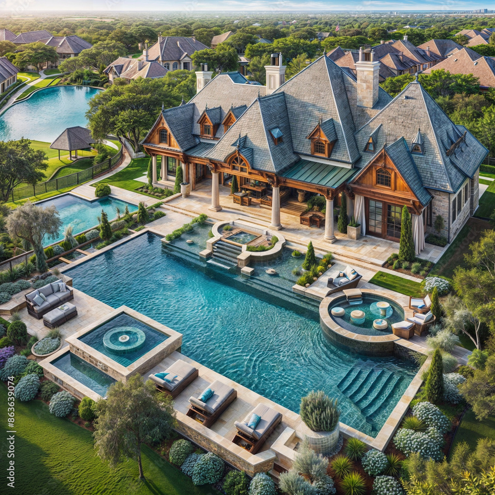 The image shows a luxurious two-story house with a large swimming pool and hot tub in the front yard. The image shows a luxurious two-story house with a large swimming pool and hot tub in the front yard.