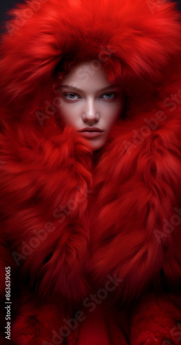 Fashion editorial Concept. Stunning beautiful woman in red maroon luxury fancy chic luxurious impeccable fur coat and hair. illuminated dynamic composition dramatic lighting. copy text space   © Sandra Chia