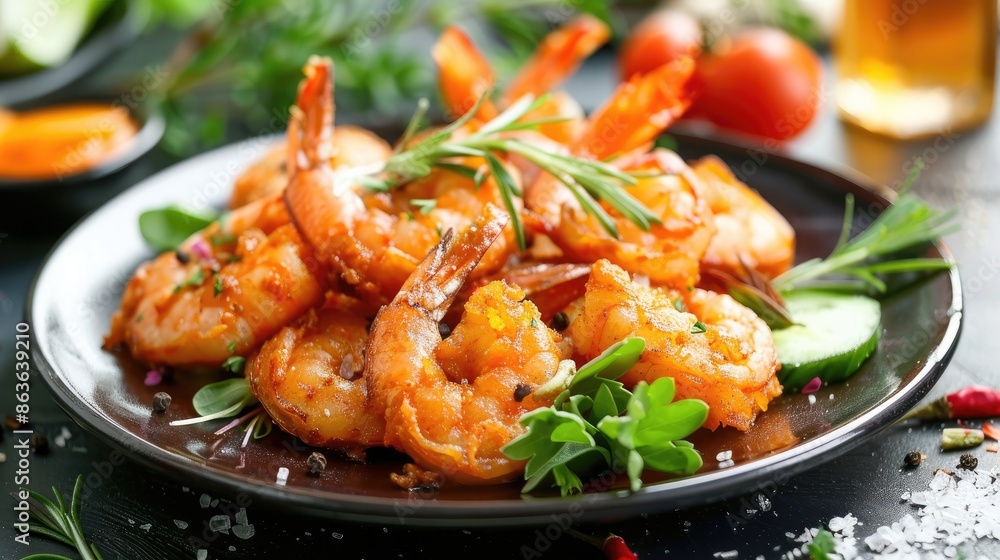 Fried shrimp served with vegetables on a plate Fried shrimp served with vegetables on a plate