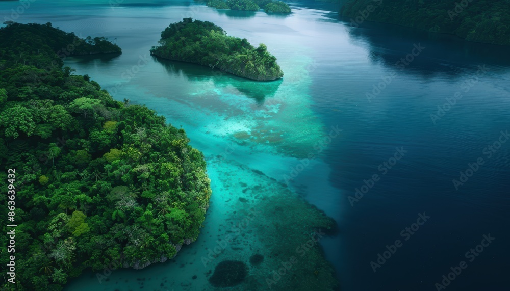 Aerial view of lush green islands surrounded by clear turquoise water and deep blue sea, showcasing tropical paradise and natural beauty. Aerial view of lush green islands surrounded by clear turquoise water and deep blue sea, showcasing tropical paradise and natural beauty.