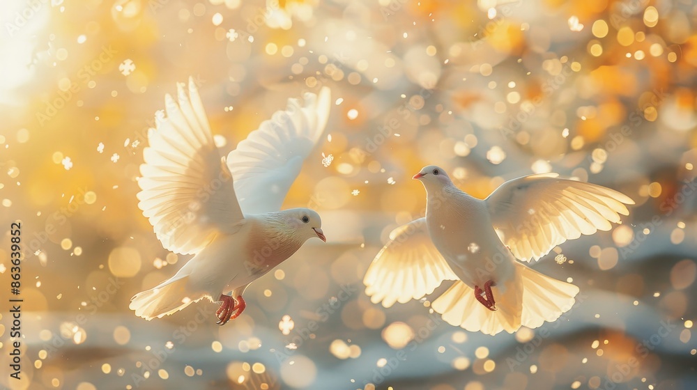 A serene image of two white doves flying in golden light, symbolizing peace and tranquility amidst a sparkling bokeh background. delicate brushwork, romantic scenes, natural scenery A serene image of two white doves flying in golden light, symbolizing peace and tranquility amidst a sparkling bokeh background. delicate brushwork, romantic scenes, natural scenery