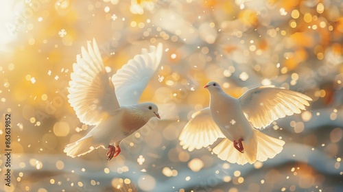 A serene image of two white doves flying in golden light, symbolizing peace and tranquility amidst a sparkling bokeh background. delicate brushwork, romantic scenes, natural scenery