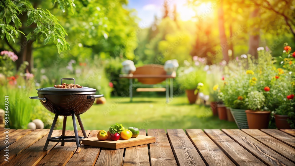 Summer backyard garden with BBQ grill on wooden table, blurred background, summer, backyard, garden, grill, BBQ, wooden table Summer backyard garden with BBQ grill on wooden table, blurred background, summer, backyard, garden, grill, BBQ, wooden table