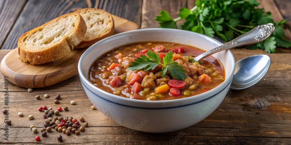 Hearty vegetable soup with carrots, peas, and corn, served with fresh bread. Ideal for a vegetarian diet. Hearty vegetable soup with carrots, peas, and corn, served with fresh bread. Ideal for a vegetarian diet.