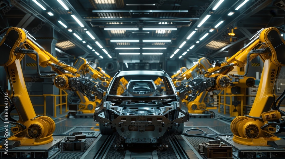 Automotive Innovation Robots at Work in Futuristic Factory Automotive Innovation Robots at Work in Futuristic Factory