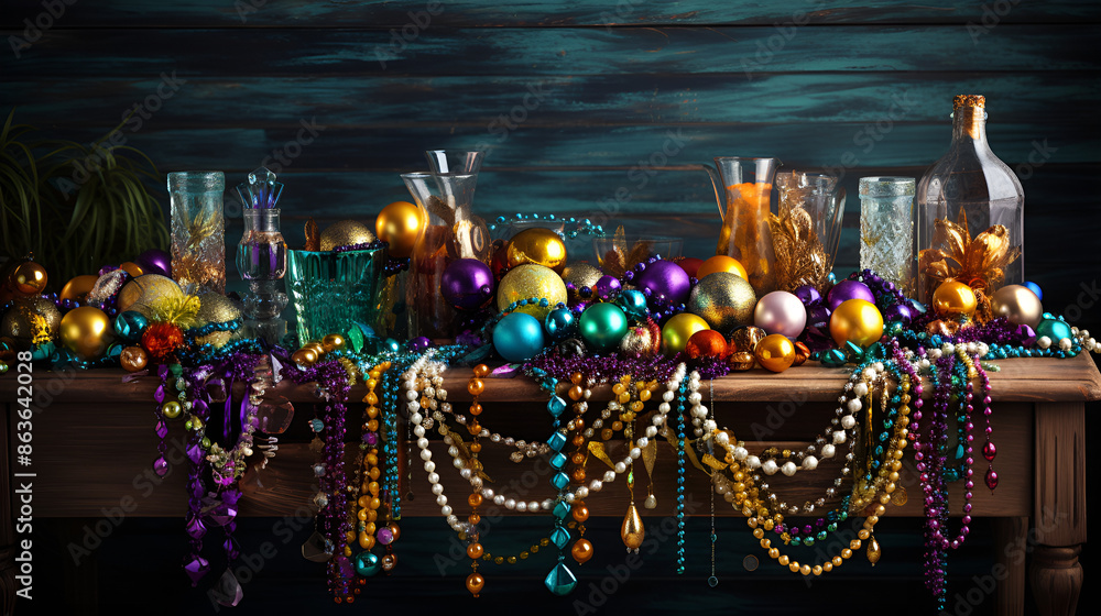 Naklejka premium Colorful Mardi Gras beads and glassware displayed on a table.