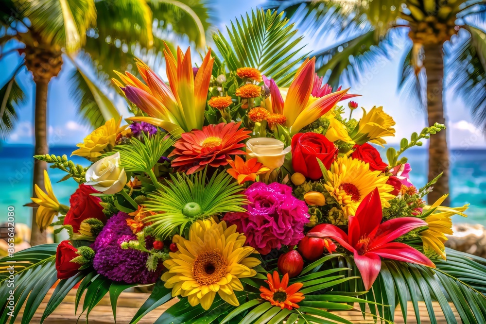 Fototapeta premium Vivid Summer Colors Burst Against Textured Palm Tree Backdrop, Showcasing A Vibrant Dance Of Exotic Foliage And Enchanting Flowers.