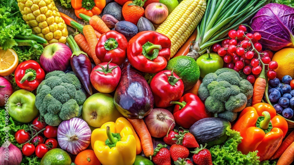 A close-up photo of a colorful array of fruits and vegetables, showcasing hydration A close-up photo of a colorful array of fruits and vegetables, showcasing hydration