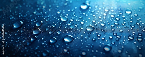 Close-up of water droplets on blue background with varying size and shape photo