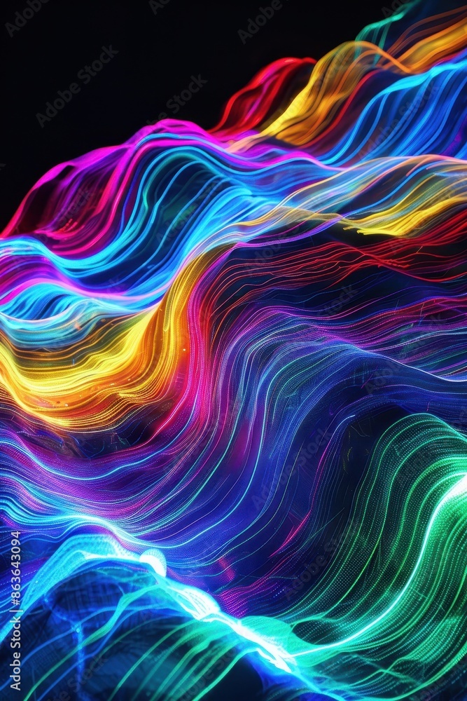 Vibrant, colorful abstract wave pattern with glowing neon lights Vibrant, colorful abstract wave pattern with glowing neon lights