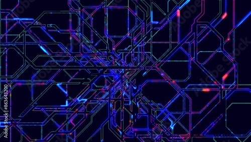 Animation of electronic subway map neon lines move along a given route and create a schematic animation. Transport interchange. Glowing electronic lines with circuit structure. 3D rendering. 4K