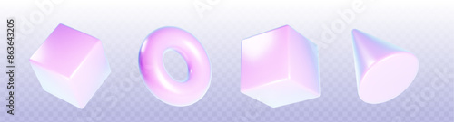 3D set of holographic geometric objects isolated on transparent background. Vector realistic illustration of abstract iridescent cube, torus, cone design elements with rainbow color gradient surface