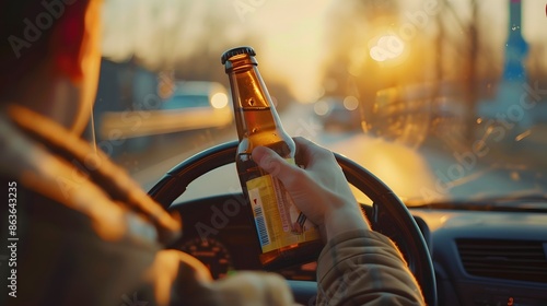 A drunken man driving a car with a bottle of alcohol in his hand.A man holds a driving wheel and a bottle of beer.