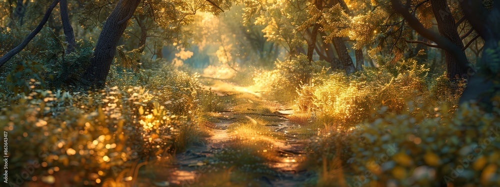 Obraz premium A path in the forest, lined with numerous trees and bushes on both sides, reveals a beaming light penetrating through the foliage