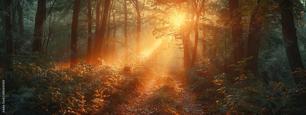 Naklejka premium Bright sun pierces through trees in foggy, wooded area Trail visible in foreground