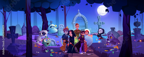 Man defender and children on graveyard at Halloween background. Adult wizard with kids near spooky grave in forest with moonlight at nighttime. 2d dark landscape with tomb, zombie and scary animal