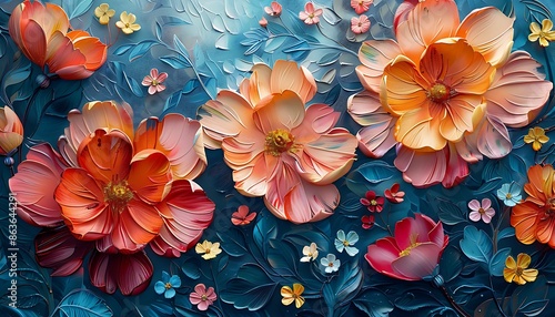 Oil painting floral background with colorful flowers. 3d rendering, 3d illustration.