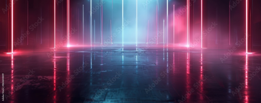 Futuristic neon lights in a dark room, reflecting on a glossy floor, creating a vibrant and atmospheric scene. Futuristic neon lights in a dark room, reflecting on a glossy floor, creating a vibrant and atmospheric scene.