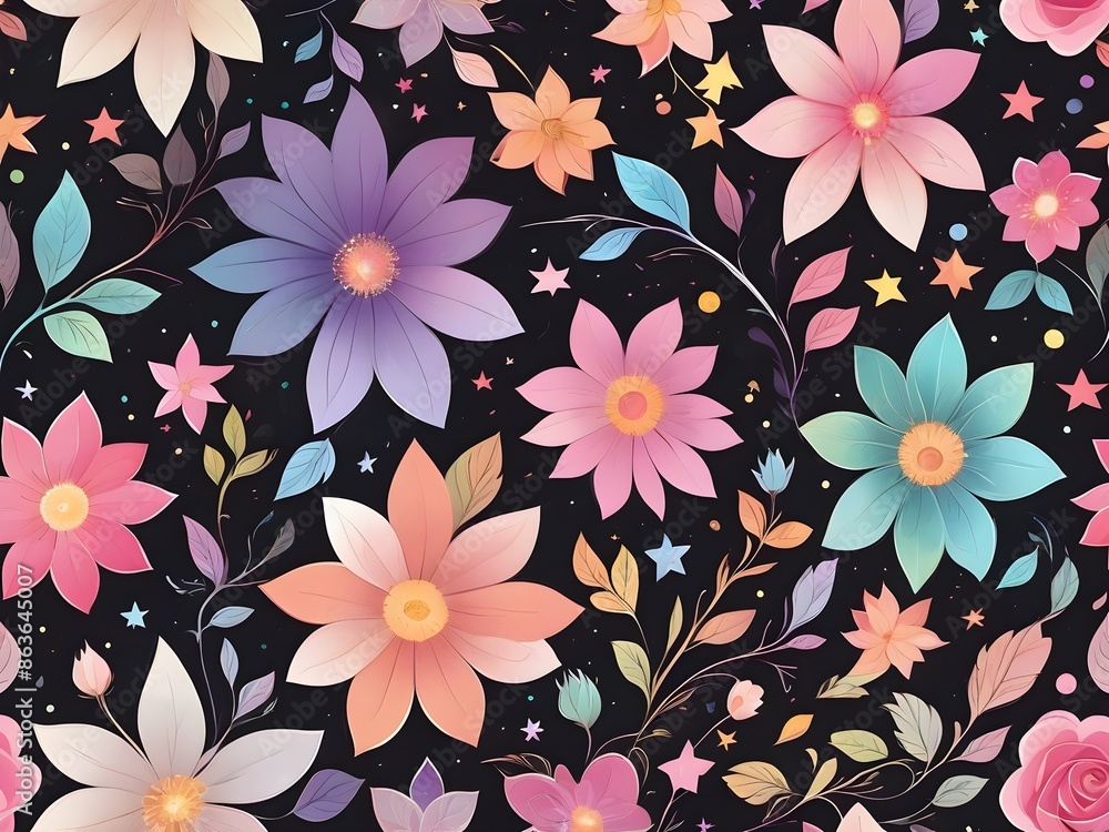 Generative AI. Background pattern Colorful flowers and stars Generative AI. Background pattern Colorful flowers and stars