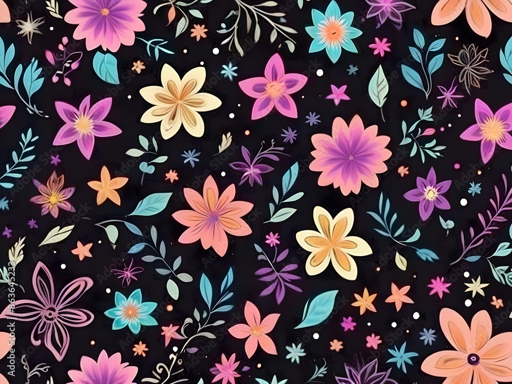Generative AI. Background pattern Colorful flowers and stars Generative AI. Background pattern Colorful flowers and stars