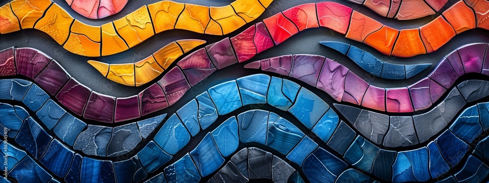 waves of red, yellow, blue, orange, pink, purple, and green adorn its side waves of red, yellow, blue, orange, pink, purple, and green adorn its side