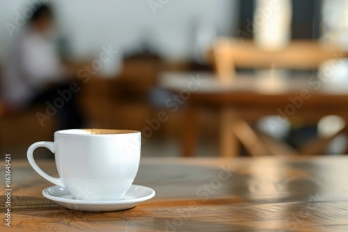 Coffee white mug on wooden floor in cafe